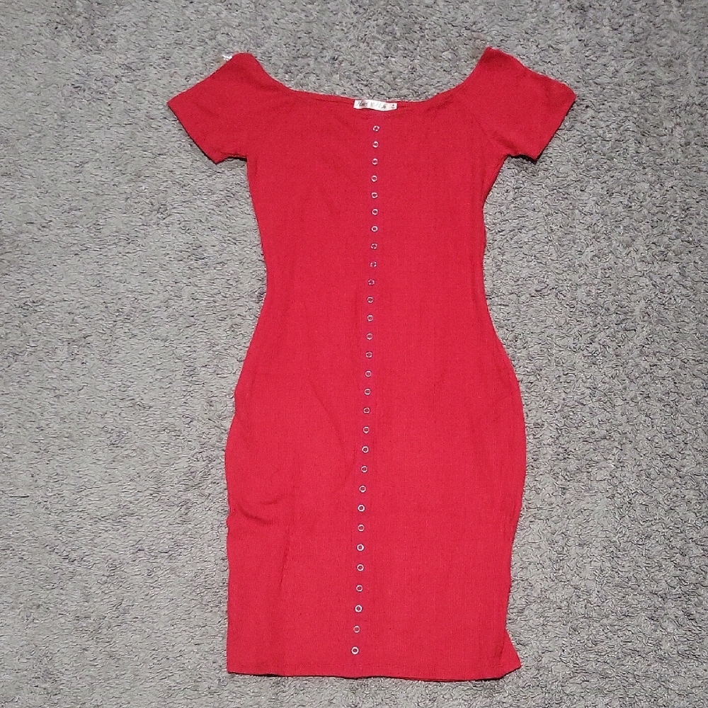 Red Off-Shoulder Button-Front Bodycon Dress